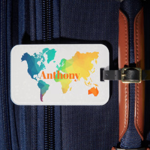 Custom Colorful World Map Monogram Name Luggage Tag