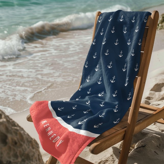 Custom Colors Add Name Nautical Anchor Beach Towel (Creator Uploaded)