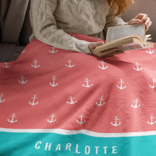 Custom Colors Add Name Nautical Anchor Fleece Blanket