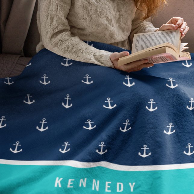 Custom Colors Add Name Nautical Anchor Fleece Blanket (Creator Uploaded)