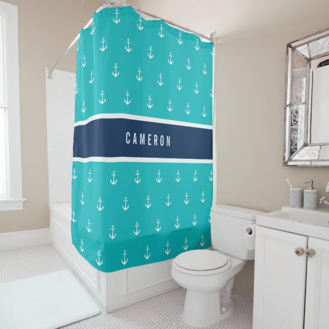Custom Colors Add Name Nautical Anchor Shower Curtain (In Situ)