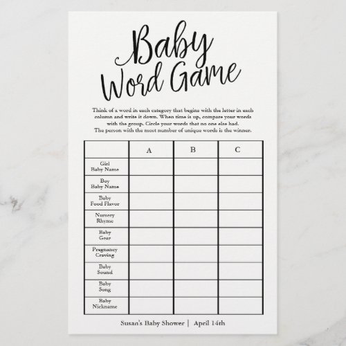 Custom Colors Baby Word Game Shower Game Card