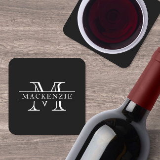 Custom Colors Border Bar Family Name Monogram Square Paper Coaster