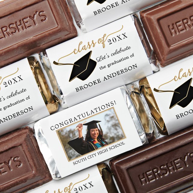 Custom Colors Gold Photo Graduation Hershey's Mini Hershey's Miniatures (Chocolates featuring elegant gold stylized script text and a graduation hat - with custom photo)