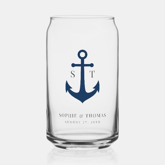 Custom Colors Monogram Anchor Wedding  Can Glass (Front)