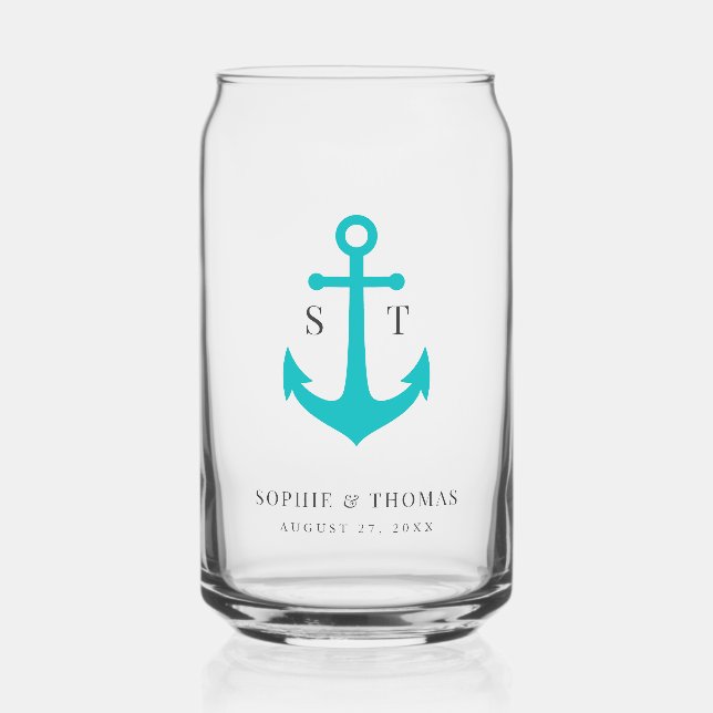Custom Colors Monogram Anchor Wedding  Can Glass (Front)