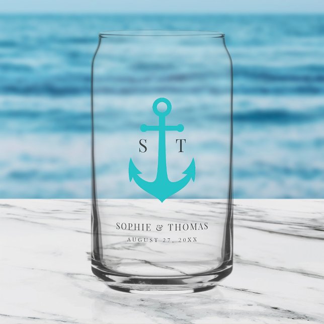 Custom Colors Monogram Anchor Wedding  Can Glass (Creator Uploaded)