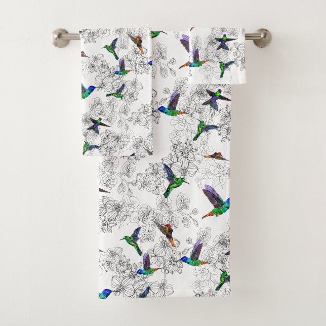 Custom Colors Spring Bath Towels with Hummingbirds (Insitu)