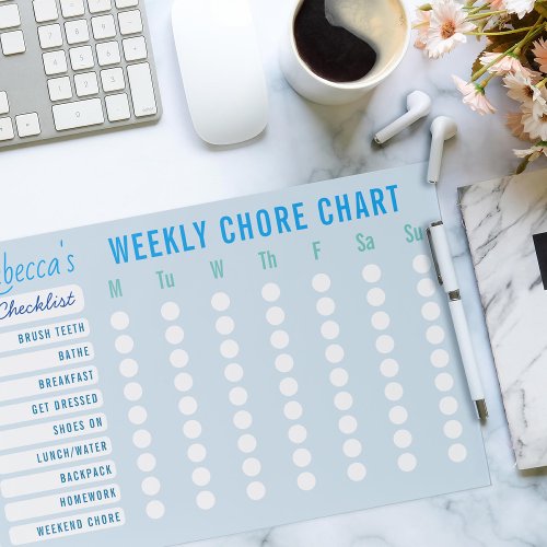 Custom Colors Weekly Chores Chart Checklist Blue Paper Pad