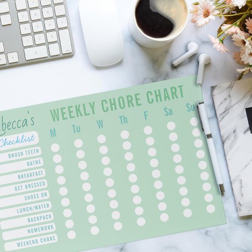 Custom Colors Weekly Chores Chart Checklist Green Paper Pad
