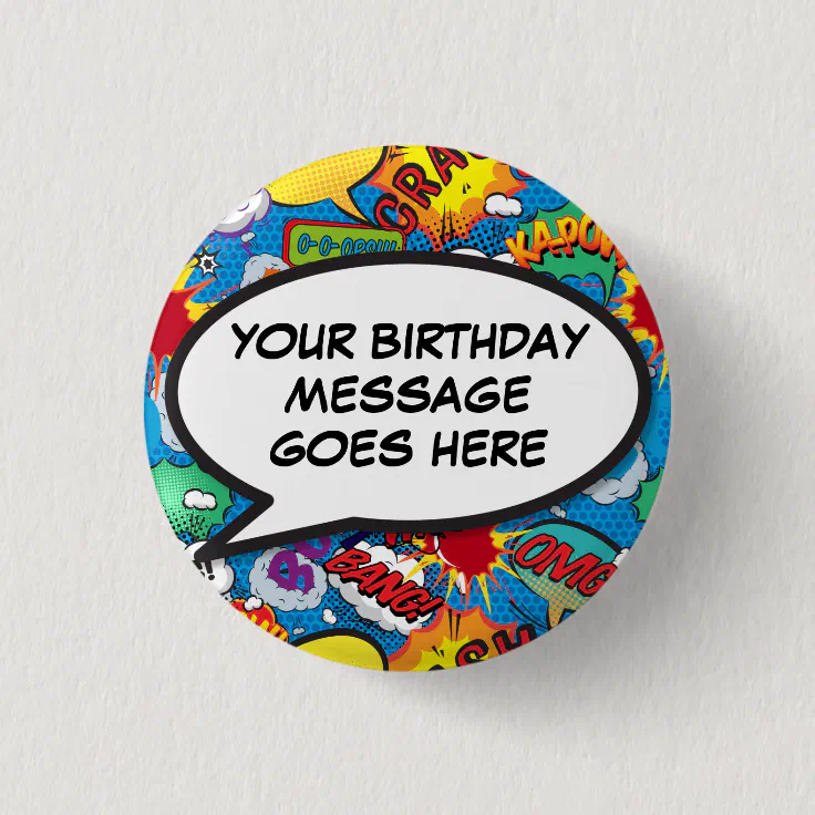 Custom Comic Book Birthday Party Favor Blue Button Zazzle