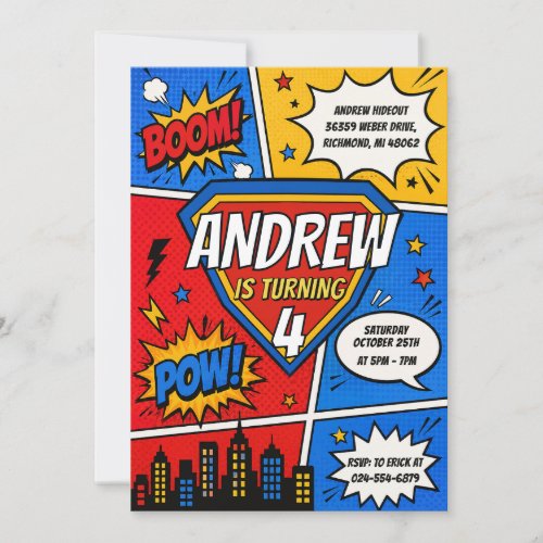 Custom Comic Book Hero Birthday party Invitation