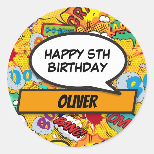 Custom Comic Book Superhero Birthday Party Classic Round Sticker (Front)
