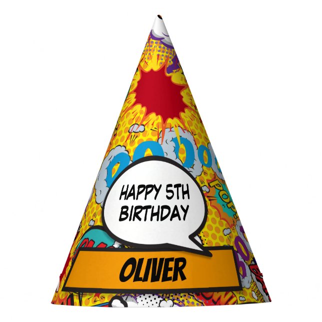 Custom Comic Book Superhero Birthday Party Hat (Front)