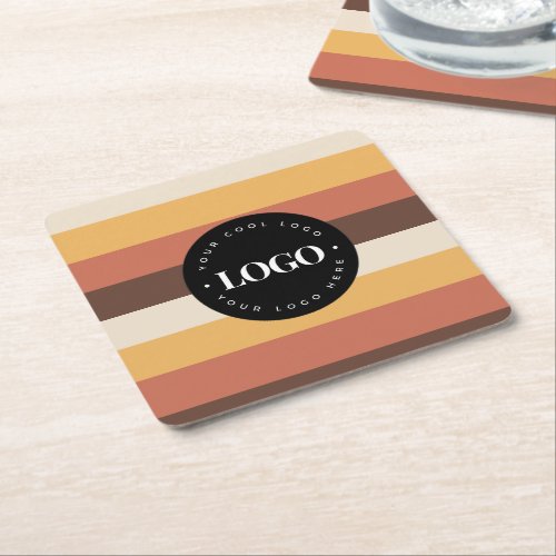 Custom Company Business Logo Retro Stripes 60s 70s Square Paper Coaster