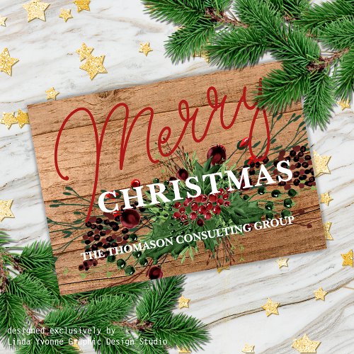 Custom Company Greeting Holly Berry Leaves Wreath Holiday Card