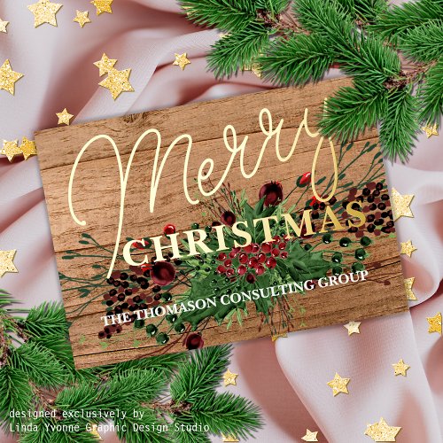Custom Company Greeting Holly Berry Wreath Gold Foil Holiday Card