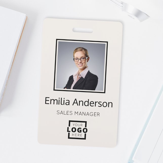 Custom Company Logo Bar Code Employee Photo Beige  Badge (Creator Uploaded)