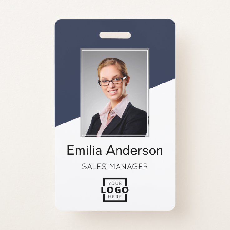 Custom Company Logo Bar Code Employee Photo Blue Badge | Zazzle