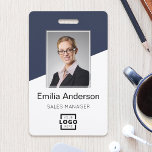 Custom Company Logo Bar Code Employee Photo Blue Badge<br><div class="desc">Easily personalize this custom employee name and photo badge with your own company logo and qr code or bar code. Available with different background colors and attachments. No minimum order quantity.</div>