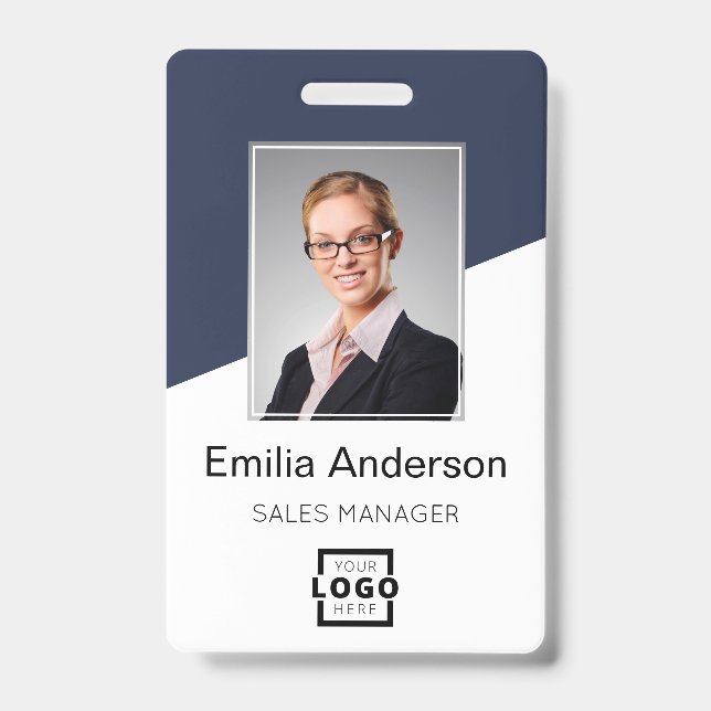 Custom Company Logo Bar Code Employee Photo Blue Badge (Front)