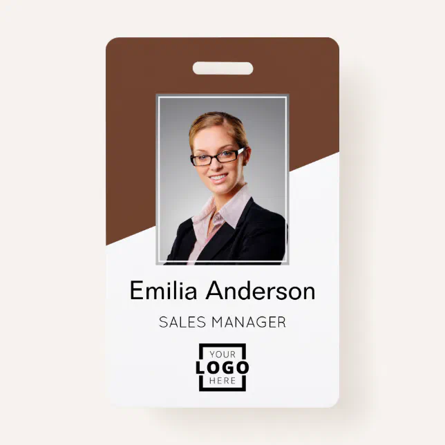 Custom Company Logo Bar Code Employee Photo Brown Badge | Zazzle