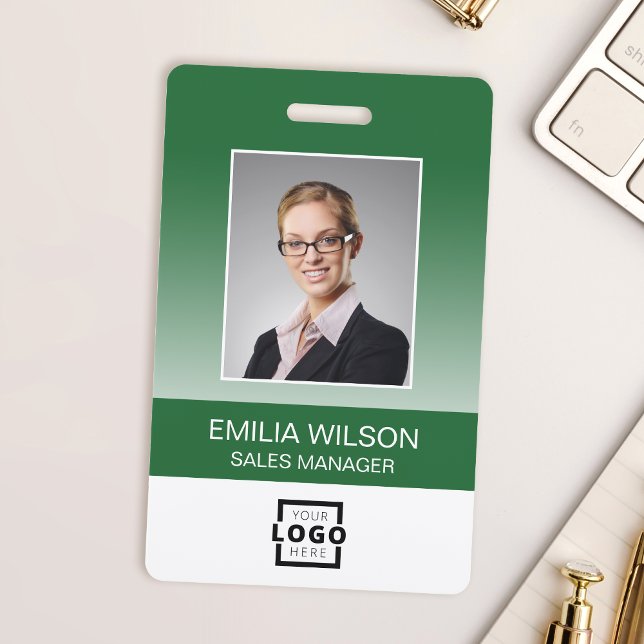 Custom Company Logo Bar Code Employee Photo Green Badge (This badge is a smart way to identify employees with your logo, barcode, and a photo.)