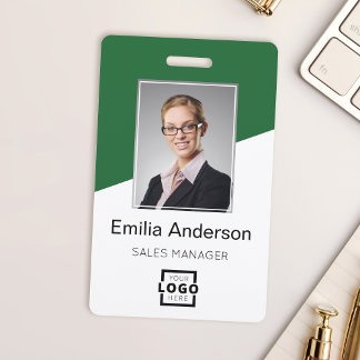 Custom Company Logo Bar Code Employee Photo Green Badge
