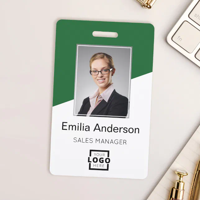 Custom Company Logo Bar Code Employee Photo Green Badge | Zazzle