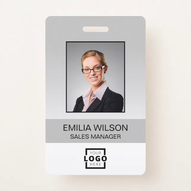 Custom Company Logo Bar Code Employee Photo Grey Badge | Zazzle