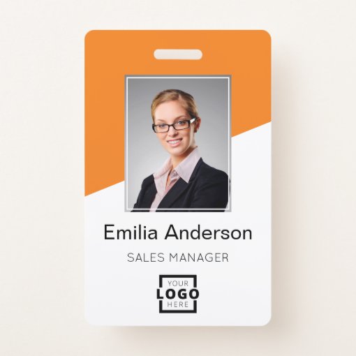 Custom Company Logo Bar Code Employee Photo Orange Badge | Zazzle