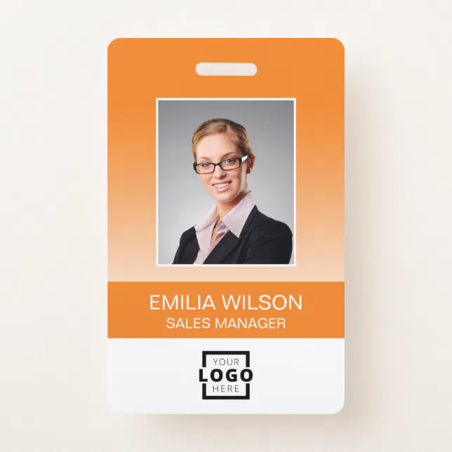 Custom Company Logo Bar Code Employee Photo Orange Badge | Zazzle