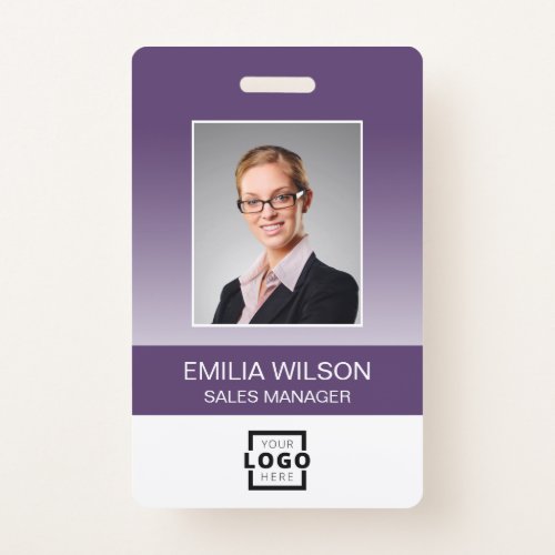 Custom Company Logo Bar Code Employee Photo Purple Badge