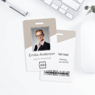 Custom Company Logo Bar Code Employee Photo Taupe Badge