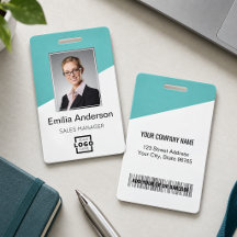 Custom Company Logo Bar Code Employee Photo Teal
