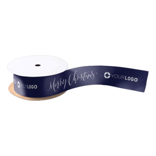 Custom company logo branded Christmas navy blue Satin Ribbon