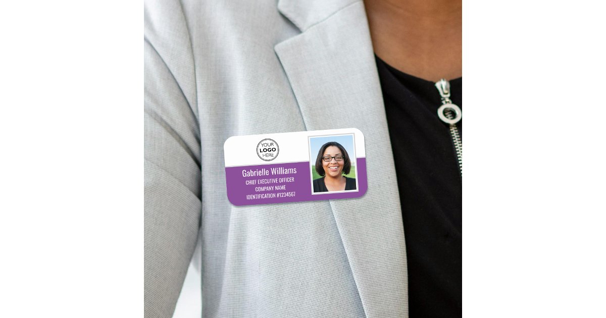 Custom Company Logo Employee Photo Purple Magnetic Name Tag | Zazzle