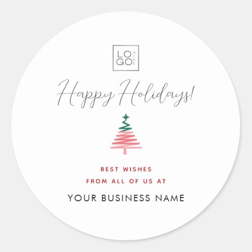 Custom Company Logo Happy Holidays Christmas Tree  Classic Round Sticker