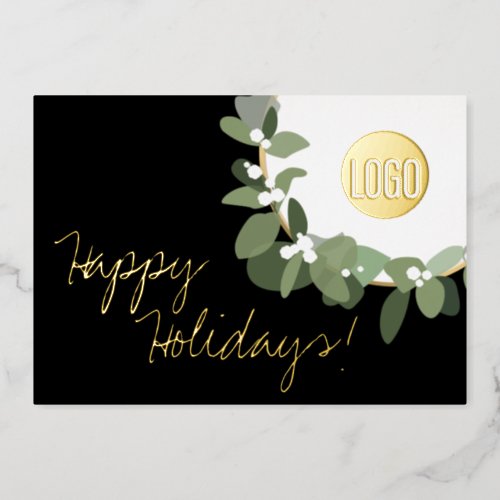 Custom Company Logo Modern Wreath Real Gold Foil  Foil Holiday Card