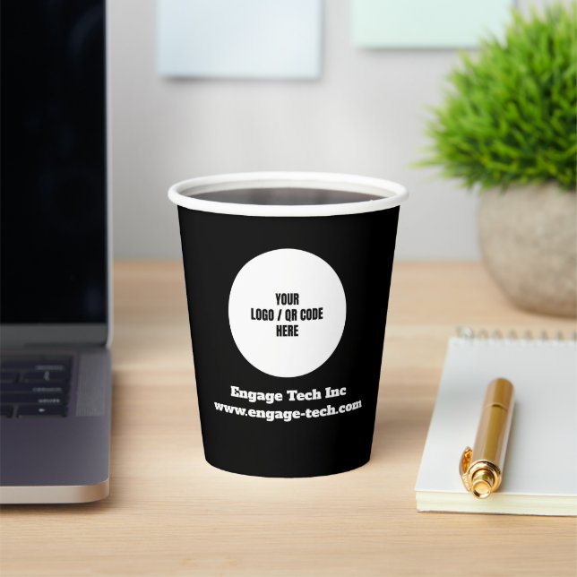 Custom Company Logo | Name | Stylish Black Modern Paper Cups (Insitu)