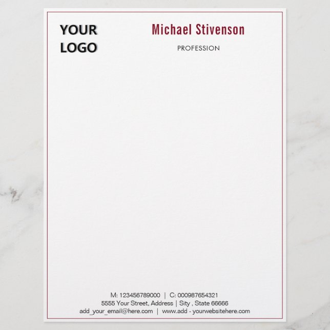 Custom Company Logo Name Text Info Letterhead (Front)