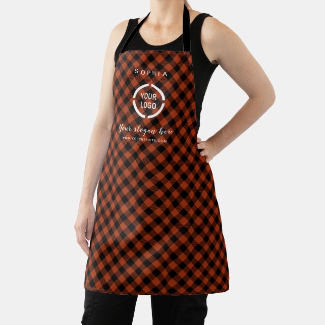 Custom Company Logo Orange Buffalo Plaid Apron (Insitu)
