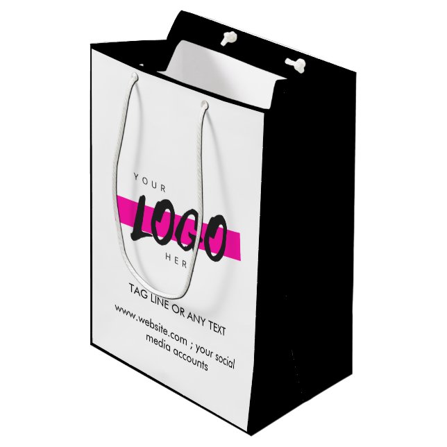 Custom Company Logo Pattern Text Promotional B&W  Medium Gift Bag (Front Angled)