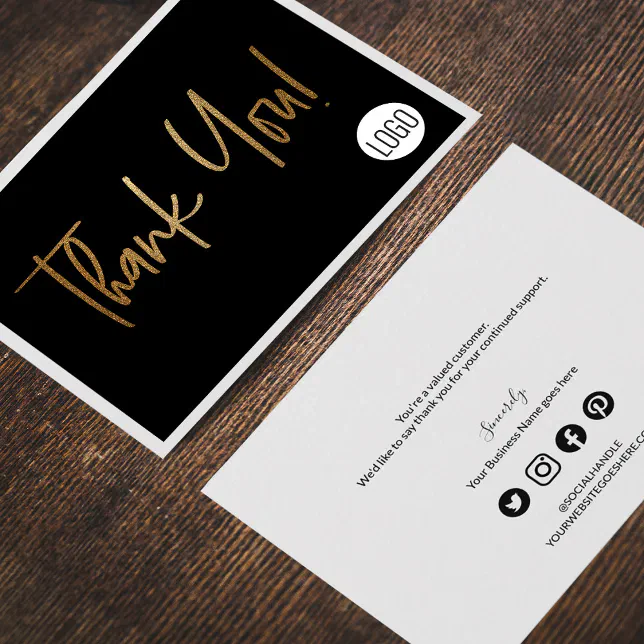 Custom Company Logo Social Faux Gold Black Thank You Card | Zazzle