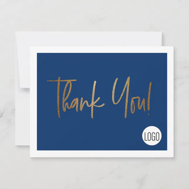 Custom Company Logo Social Faux Gold Blue Thank You Card | Zazzle