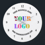 Custom Company Logo Text Business Clock Example<br><div class="desc">Custom Colors and Fonts - Create Your Own Design Personalized Clocks example with Your Company Logo or Photo and Name Website or Custom Text Branded Promotional Business Wall Clock Template / Branding Products Corporate Gifts Home Living - Add Your Logo - Image - Photo or QR Code / Name -...</div>