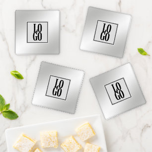 Custom Company or Business Logo on Shiny Silver Coaster Set