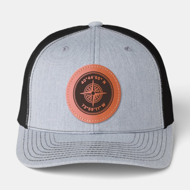 Custom Compass Coordinates Travel Leather Patch Hat (Front)