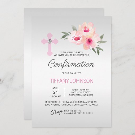 Custom CONFIRMATION Floral Pink Cross GIRL + POEM Invitation | Zazzle