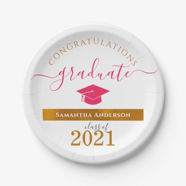 Custom Congrats Graduate Hot Pink/Gold Party Paper Plates (Front)